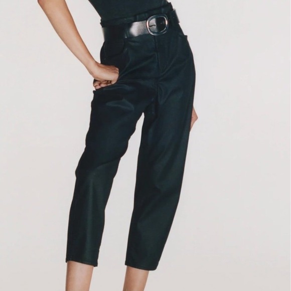 Zara Pants - ZARA Black High Waisted Paperbag Waist Wax Coated Pants Size US 8